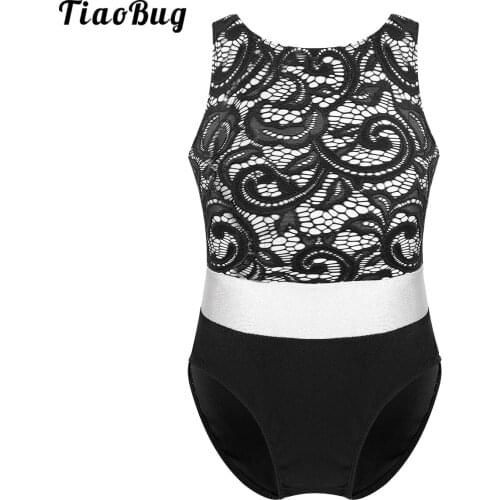 TiaoBug Kids Girls One-Piece Lace Ballet Dance Gymnastics Leotard Sleeveless Lace Top Bodice Color Block Jumpsuit Bodysuit