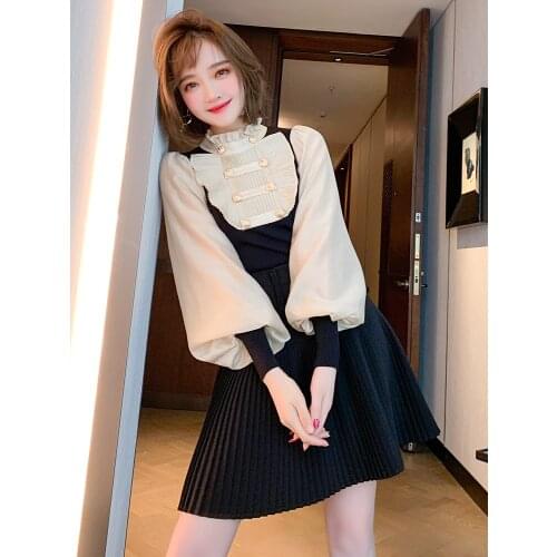Lace stand collar pleated contrast stitching Lantern Sleeve fake two-piece shirt 2021 Spring new High Quality Top Quality