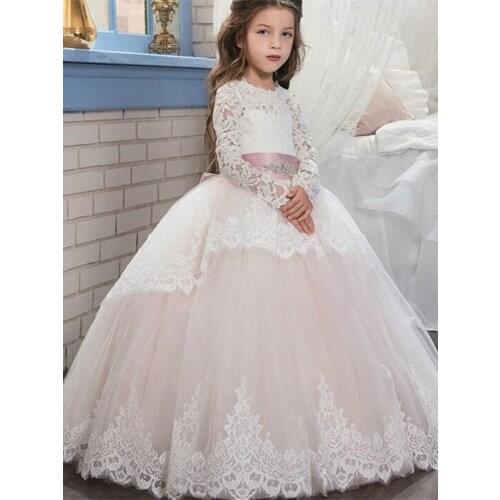 Lace Ball Gown Flower Girl Dresses Long Sleeve Girl Princess Dress Illusion Girl Wedding Party Dress