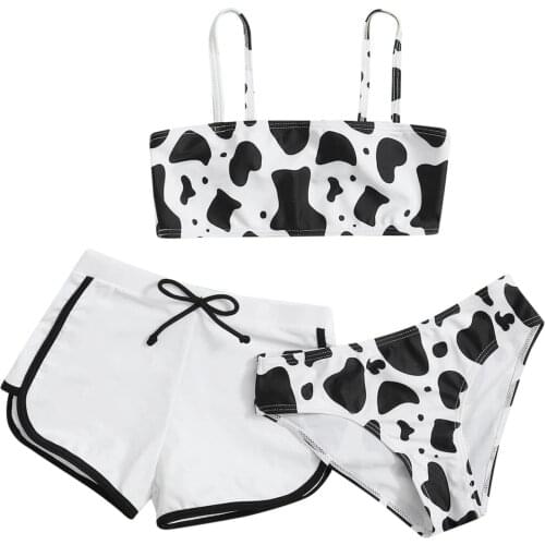 Teen Kids Girls Swimwear Milk Cow Summer Swimsuit Three-Piece Bikini Shorts Panty Set Children Sling Swimming Suit 8-13 Years
