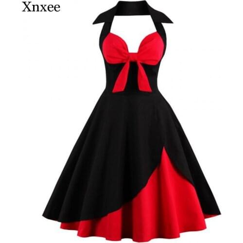 Plus Size Patchwork Bow a Linevintage Summer Dress Retro Hepburn 80S Floral Print Halter Fashion Party Dresses Feminino Clothing