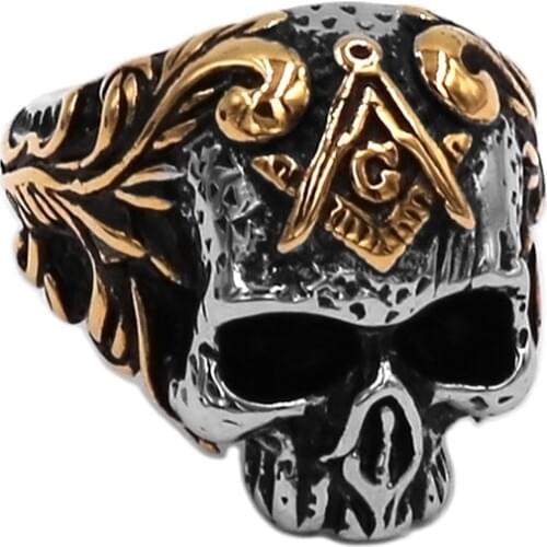 Gold Masonic Skull Biker Ring Stainless Steel Jewelry Fashion Flower Skull Masonic Mens Ring Wholesale SWR0934A