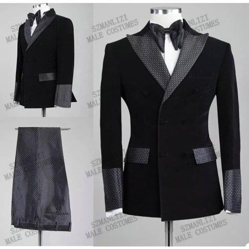 2021 Men Black Velvet Double Breasted Blazer Wedding Groom Suit Dot Peaked Lapel Tuxedo For Men Wedding Suits Prom Best Man Suit