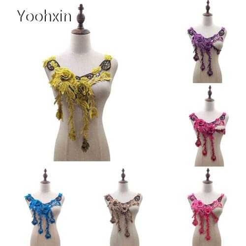 NEW 3D rose flower embroidery DIY lace collar Fabric Sewing Applique ribbon trim neckline craft cloth wedding home Textile