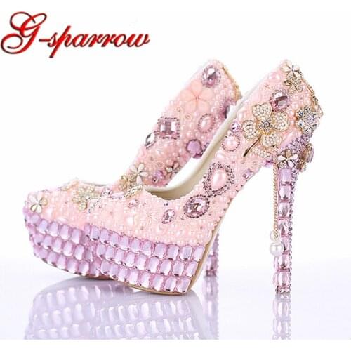 Newest Design Gorgeous Pink Pearl Wedding Shoes Platform Round Toe Formal Dress Shoes Handmade Charming Bridal High Heels