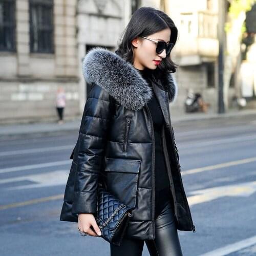 Genuine Leather Jacket Women Fox Fur Hooded Winter Clothes Real Sheepskin Down Coat Warm Jackets Veste Femme ZM-069 KJ3134