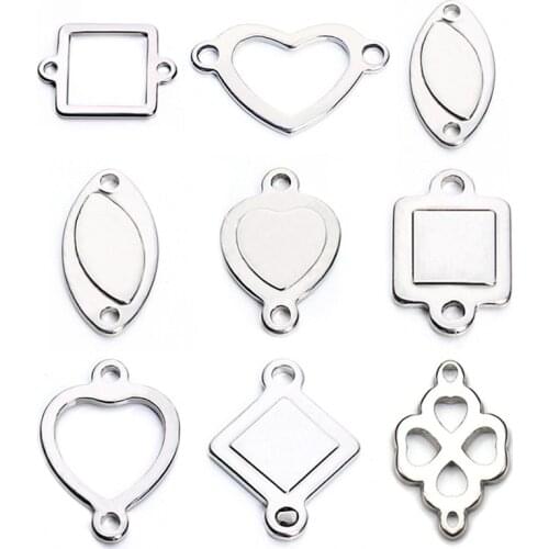 20pcs Silver Color Stainless Steel Hollow Oval Square Heart Charms Pendants Connectors Blanks Stamping Tags for DIY Bracelets