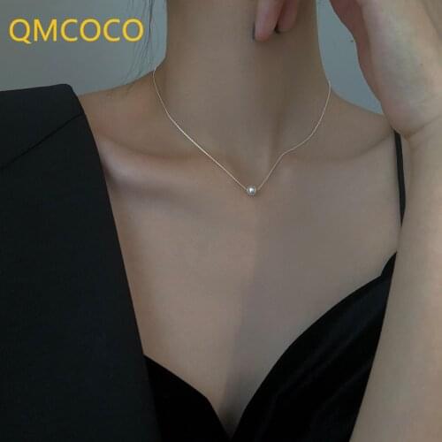 QMCOCO 2021 New Style Simple Design 925 Silver Fine Woman Jewelry Classic Pearl Trendy Chain Woman Collarbone Necklace