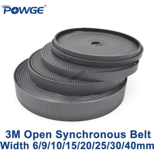 POWGE Arc HTD 3M Open Synchronous belt Width 6/10/15/20/25/30/40mm 3M-15mm Polyurethane steel PU Black HTD3M timing belt CNC