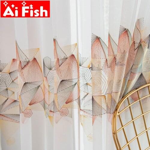 AiFish Nordic window screen voile curtain white mesh tulle with geometric embroidery rope pattern living room curtains MY448D