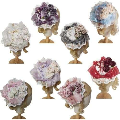 Japanese Lolita Lace Bonnet Top Hat Sweet Bowknot Rose Flower Heart Pendant Flat Cap Kawaii Cosplay Side Hair Clip