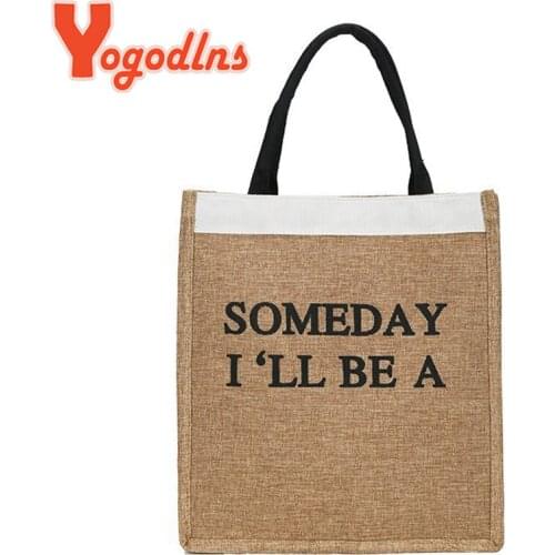 Yogodlns Casual Cotton Linen Handbag Women Large Capacity Shoulder Bag Fashion Letter Handle Bag Travel Beach Bag Pouch Bolso