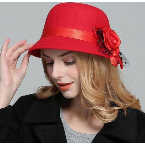 Ladies' autumn winter British aristocratic wind wool Vintage Solid Color Woolen Flower Decor Wide Brim Warm Cloche Bowler Hat