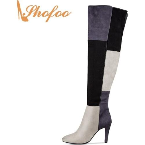 Tri-color Patchwork High Thin Heels Pointed Toe Women Over The Knee Boots Zipper Big Size 13 16 Lady Fashion Winter Shoes Shofoo