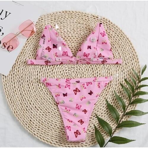 2021 Womens Swimming Suit Sexy Micro Swimwear Beachwera summer Split Swimsuit Transparent Shoulder Strap Butterfly Print Sexy