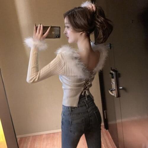 Womens Back Lace-up Sexy Sweater Plush Stitching Large V-neck Long-sleeved Knit Bottoming Sweater Top Ladies Club Tops ML259