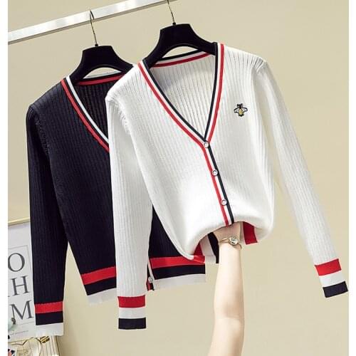 2021 Womens sweater embroidery Autumn new womens long-sleeved industry bee contrast color stripes loose Knitting cardigan thin