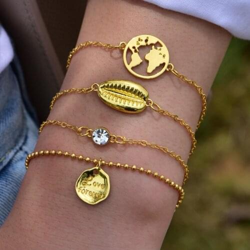 2020 New Vintage Boho Bracelet Fashion Bracelets For Women Multi-level Hollow Earth Lettering Shell Crystal Jewelry Party Gift