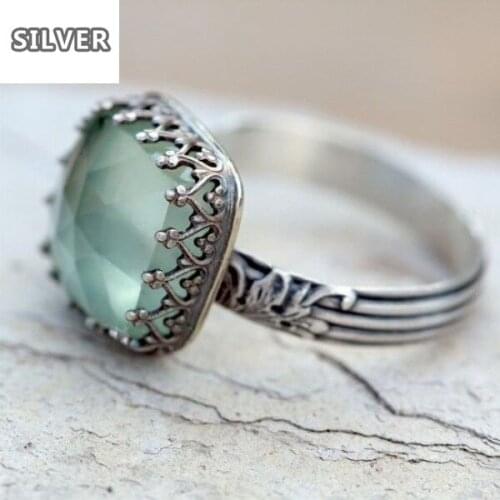 Simple Mint Green Square Zircon Moonstone Ring For Women Ladies Fashion Retro Thai Silver Female Rings Jewelry Anillos Size 6-10