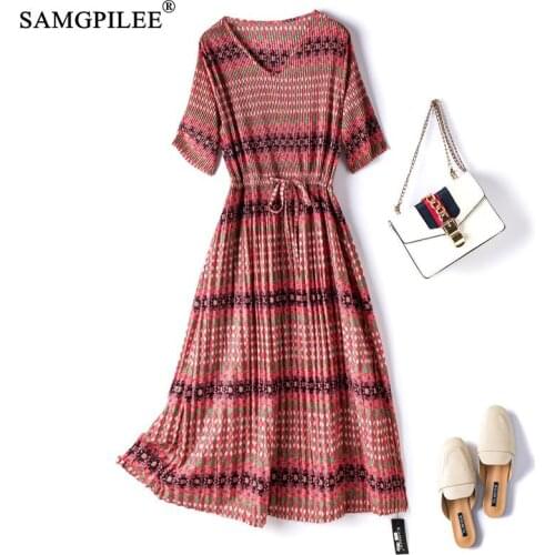 Summer Clothes For Women 2021 New European Pleated Print Mid-calf Length V-neck Slim Pleated With Belt Chiffon Woman Dresses 4XL