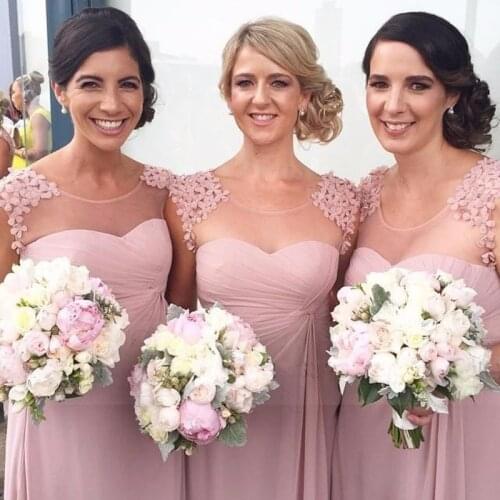 Pink Long Formal Floor Length Chiffon Beach Bridesmaid Dresses Simple Cap Sleeves Pleat Bridesmaids Gowns Bridal Wedding