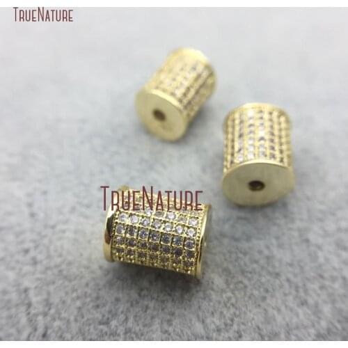 10Pcs Copper Jewelry Findings Beads Clear Cz Micro Pave Pure Gold Color Cylindrical Jewelry Findings Beads Outlet 10x8mm BE5568