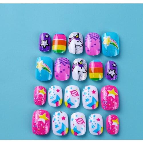 20Pcs/set Hallowmas Childrens False Nails Unicorn Fake Nail Cute Kids Students Nail Art Tips Full Cover Press