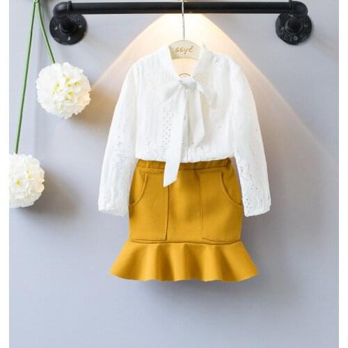 2017 Autumn New Baby Girls Fashion Clothing Set,bow Tie Collar White Shirts+ Skirts,2pcs Kids Girl Elegant Casual Clothes Sets