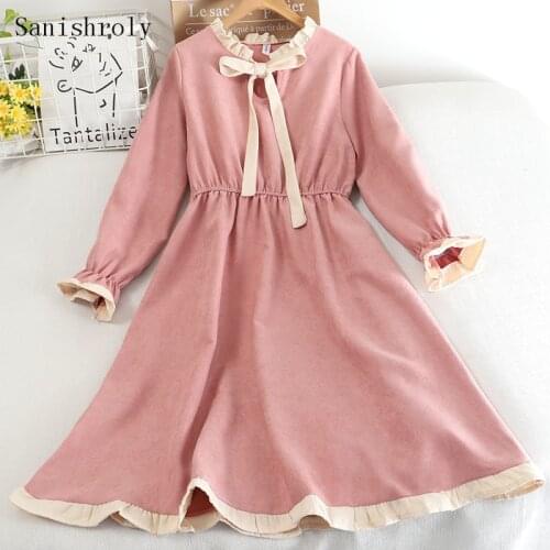2021 Chic Korean Sweet Tie Bow Fungus A Line Dress Women High Waist Solid Long Dress Ladies Flare Sleeve Spring Autumn Dresses