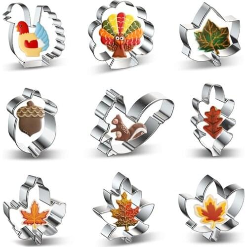 Stainless Steel Thanksgiving Day Turkey Maple Leaf Cookie Cutters DIY Fondant Biscuit Mould Cake Decorating Supplies Tools 9pcs