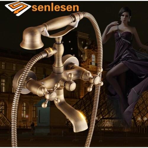 Senlesen Antique Brass Shower Faucet Set W/ Tub Spout Hand Shower Wall Mounted Hot and Cold Mixer Tap Para Bathroom Faucets