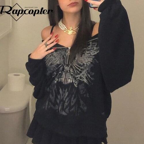 Rapcopter Printed Goth Black Sweatshirts Loose Pockets Hoodies Long Sleeve Vintage Kawaii Coat Autumn Women Thin Outerwear Cloth