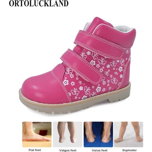 Children Girls Demi Season Velvet Martin Boots Printed Leather Orthopedic Shoes For Kids Casual Footwear With Removable Insole