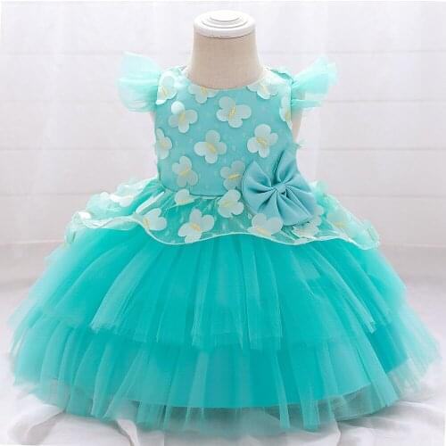 Child Girl Butterfly Net Yarn Princess Evening Dress Baby First Birthday Party Flower Girl Wedding Child Bow Newborn Dress Kids
