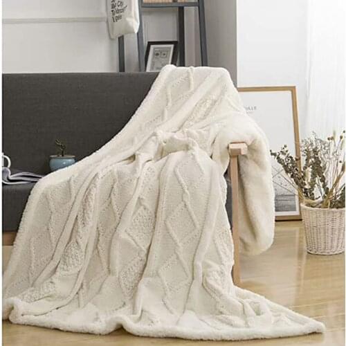 Cable Knit Sherpa Oversized Thrown Fabric Double-Sided Blanket Sheepskin Lining Comfortable Cotton Blend Knitted Sweater