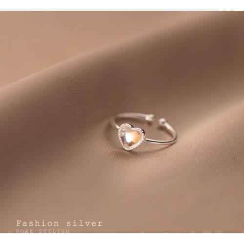 Real 925 Sterling Silver Gradient Glass Heart Open Rings Sweet Adjustable Ring Fine Jewelry for Women Girls