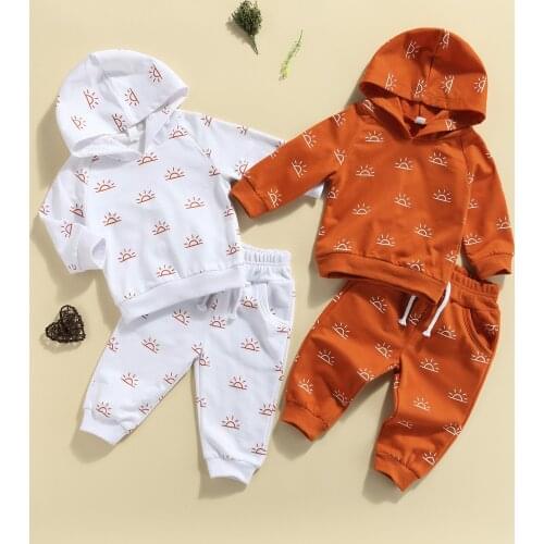 2Pc Toddlers Autumn Cotton Outfits Sun Print Hooded Long Sleeve Sweatshirt Casual Drawstring Pants for Baby Girls Boys 0-3 Years