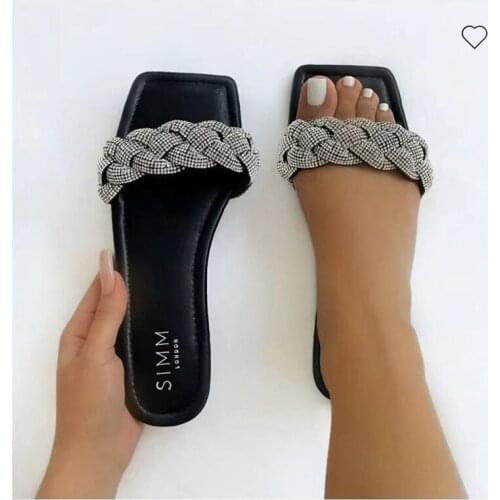 Summer Womens Flat Shoes Fashion Woven Rhinestone Bling Open Toe Ladies Slippers Outdoor Wear Handmade Beach Slides for Woman