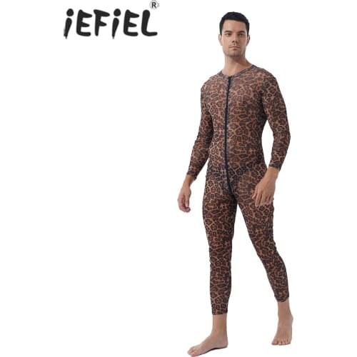 Men Long Sleeve Stripe/Leopard Print Bodycon Lingerie Bodysuits Sissy Party Clubwear See-through Mesh Zipper Slim Fit Jumpsuits