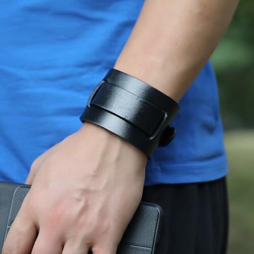 Fashion Retro Men Leather Bracelet Simple Adjustable Punk Wide Leather Strap Jewelry Bracelets Adult