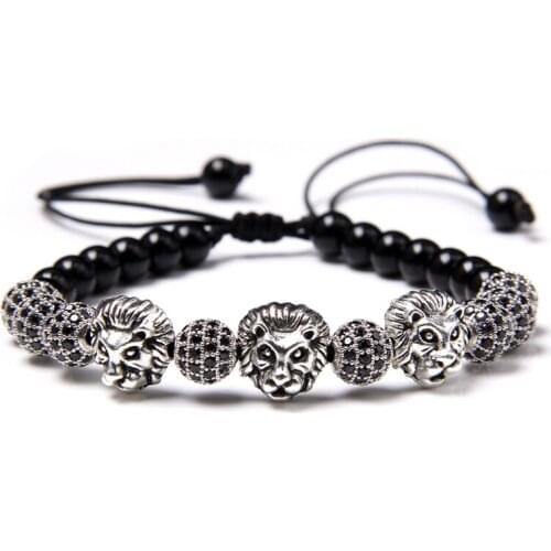 Lion Bracelets Men Vintage Adjustable Bracelet Polished Black Onyx Beads Bangle CZ Ball Charm Pulsera Jewelry Homme Fashion Gift