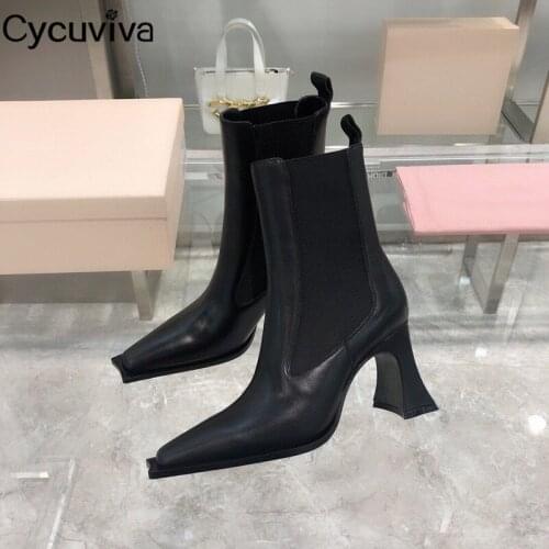 New Autumn Women Ankle Boots For Women Strange High Heels T-show Shoes Woman Black Leather Short Boots Square Toe Botas Mujer