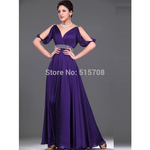 Sexy Purple Chiffon Evening Dresses V Neck Half Sleeves Off Shoulder Long Pageant Party Dress Formal Long Prom Dress