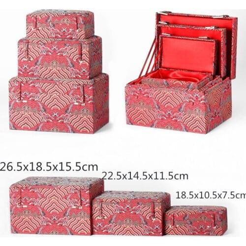 3 Size Luxury Cotton Filled Rectangle Chinese Silk Brocade Storage Box Wooden Decoration Packing Jewelry Stone Collection Case