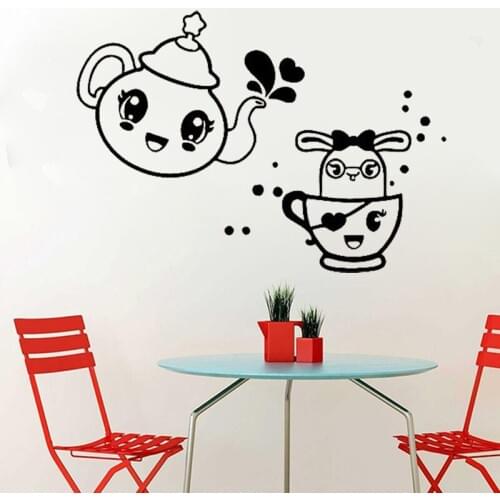 Vinyl Wall Decal Kitchen Funny Teapot Cup Tea Wall Sticker for restaurant Home Kitchen Decor Mural Removable Art Decor C419
