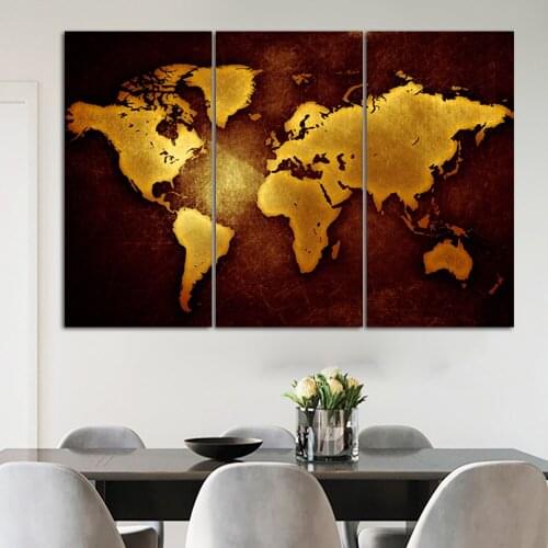 Vintage 3 Panels Golden World Map Home Decor No Frame Canvas Painting On Wall Art Poster And Prints Picture Modern Living Room