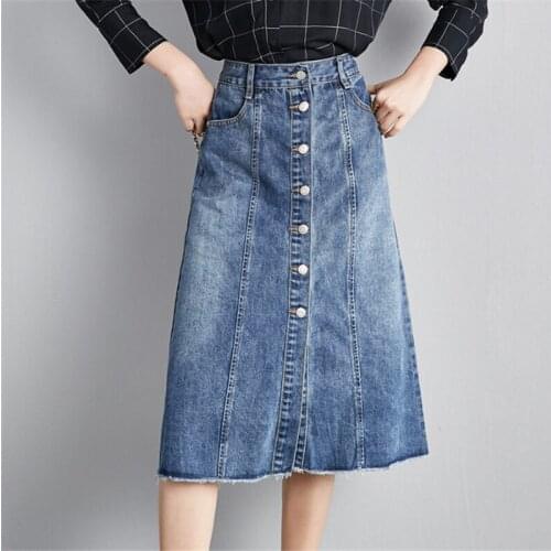 Womens Denim Skirt Fashion Solid High Waist Single Breasted Jean Skirt Female Spring Summer 2021 A-Line Pockets Long Skirts