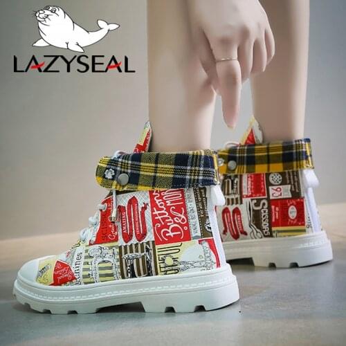 LazySeal New Graffiti Platform Ankle Boots For Women Casual Shoes Autumn Round Toe Flat-soled Lace-up Ladies Vulcanized Sneakers