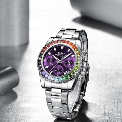 Biden Chronograph Women Watch 2021 Ins Luxury Multi-Functional Rainbow Circle Watch Fashion Stainless Steel Sports Ladies Watch