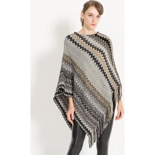 Woman Spring Autumn Asymmetric Poncho Pullover Elegant Striped Shawl Fringed Coat Sweater Cloak Batwing Sueter Mujer Cape Femme